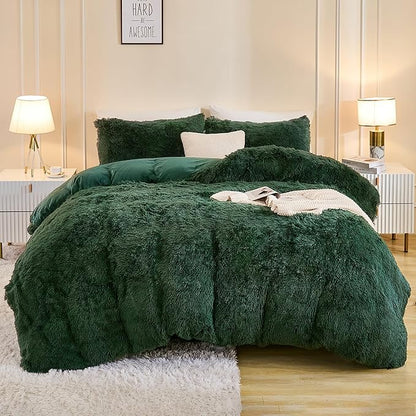 Andency Fluffy Emerald Green Comforter Set Full Size, 3 Pieces Winter Faux Fur Warm Soft Fuzzy Plush Bedding Comforter Set (1 Velvet Comforter & 2 Pillowcases), Thick Heavy Puffy Comfy Bedding Set