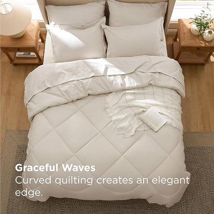 Bedsure 5 Pieces Twin Comforter Set Premium Series, Hotel Luxury Soft Bed in a Bag, Goose Down Alternative, Safe for Sensitive Skin Bedding Comforter All Season Medium Warmth, Beige Wavy Quilted