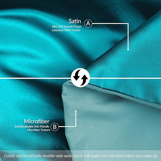 Whale Flotilla 3-Piece Reversible Silky Soft Queen Comforter Bedding Set, Luxurious Satin Comforters Full Size with 2 Satin Pillowcases, Lightweight Duvet for All Seasons, Turquoise