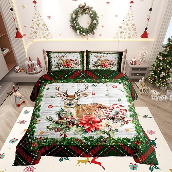 Castle Fairy Merry Christmas 3 Pcs King Size Comforter Set,Red Green Geometric Grid Down Alternative Adults Bedroom Decor,Xmas Deer Elk Farmhouse Ultra Soft Microfiber Inner Fill 3Pcs Bedding