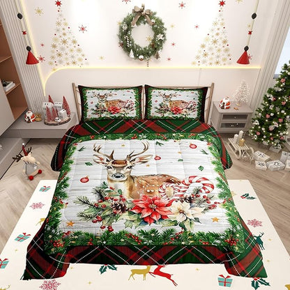 Castle Fairy Merry Christmas 3 Pcs King Size Comforter Set,Red Green Geometric Grid Down Alternative Adults Bedroom Decor,Xmas Deer Elk Farmhouse Ultra Soft Microfiber Inner Fill 3Pcs Bedding