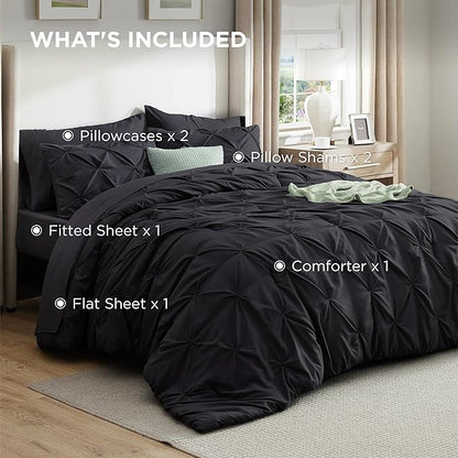 Bedsure King Size Comforter Set Black - Bed in a Bag Bedding Set 7 Pieces, GentleSoft™ Pintuck Bed Set Gift for Family, Pinch Pleat Black Comforter with Sheets, Pillowcases & Shams
