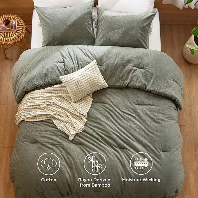 Bedsure 5 PCS Cotton Comforter Set with Cotton Waffle Throw Blanket - Olive Green Comforter King Size, Pillow Shams, Beige Cooling Blanket of Rayon Derived from Bamboo for Hot Sleepers, Throw Pillow