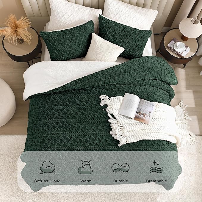 Andency Fluffy Sherpa King Comforter Set Dark Green, Super Soft Emerald Green Fleece Warm Bedding for Winter, Luxury Jacquard Boho Thick Fuzzy Plush Bed Set 3 Pieces(1 Shaggy Comforter, 2 Pillowcases)