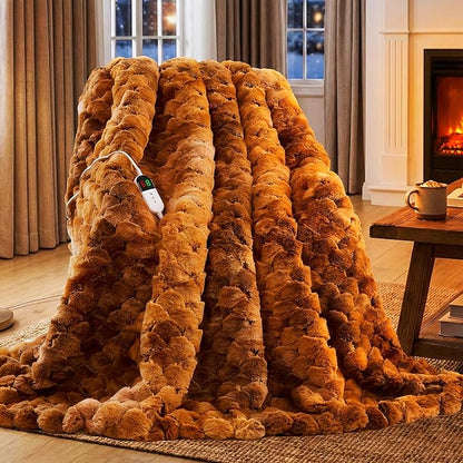 Homemate Heated Blanket Electric Throw - 50"x60" Heating Blanket Throw 4 Hours Auto-Off 10 Heat Levels Over-Heat Protection Luxury 800 GSM Faux Fur 200 GSM Sherpa ETL Certification