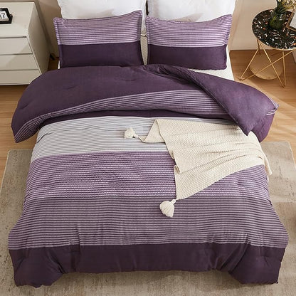 Litanika Purple Full Comforter Set, 3 Pieces Striped Bedding Set, Lightweight Soft All Season Down Alternative Comforter Set with Corner Loops (1 Gray&Purple Comforter, 2 Pillowcases)