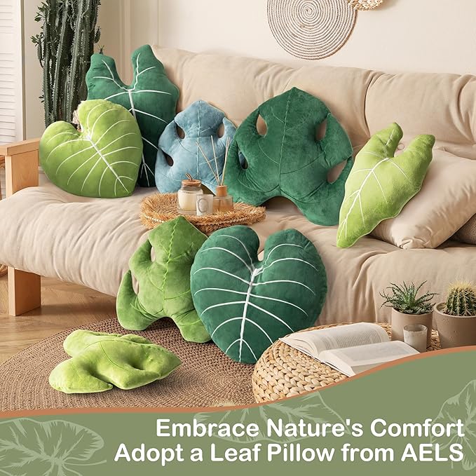 AELS Set of 2 3D Leaves Decorative Throw Pillows, 19"& 15" Philodendron Gloriosum Plush Pillow Set for Plant Lovers Garden Lovers, Living Room Bedroom Nursery Decor, Light Green & Dark Green