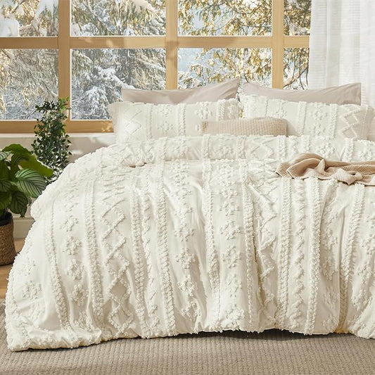 Bedsure Tufted Boho Comforter Set Twin Size - Ivory Boho Bed Set, GentleSoft™ 2 Pieces Farmhouse Shabby Chic Embroidery Bedding, Gifts for Woman, Soft Jacquard Twin Comforter for All Seasons