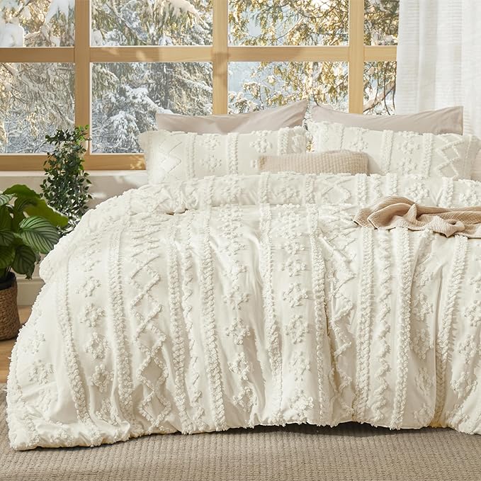 Bedsure Tufted Boho Comforter Set California King Size - Ivory Boho Bed Set, GentleSoft™ 3 Pieces Farmhouse Shabby Chic Embroidery Bedding, Gifts for Woman, Soft Jacquard Comforter for All Seasons