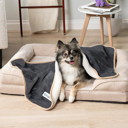 PetAmi Waterproof Dog Blanket for Small Medium Dogs, Pee Proof Pet Blanket for Couch Bed, Reversible Water Proof Blanket for Puppy Indoor Cat, Soft Dog Fleece Blankets Washable, 29x40 Gray/Beige