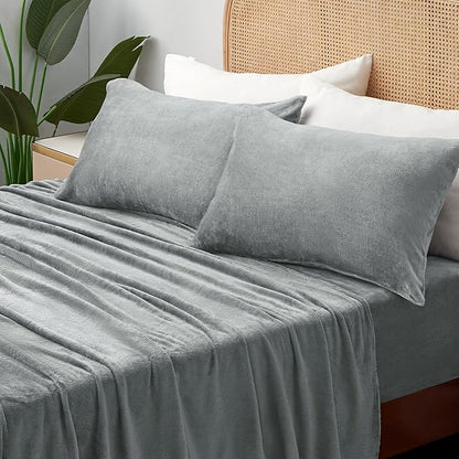 BEDELITE Flannel Sheets Full Size Grey - Super Soft Fleece Sheets Set Fluffy Extra Plush, 4 Piece(Include Fitted Sheet, Flat Sheet, 2 Pillowcases)