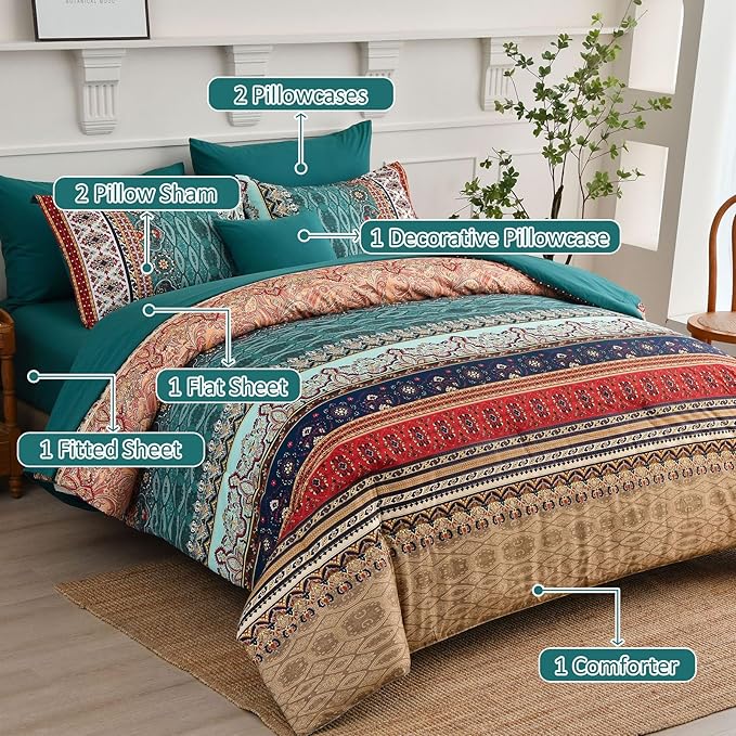 Boho Comforter Set California King Size 8 Pieces,Green and Brown Bohemian Striped Bed in a Bag,Floral Soft Microfiber Bedding Comforter Set for All Seasons