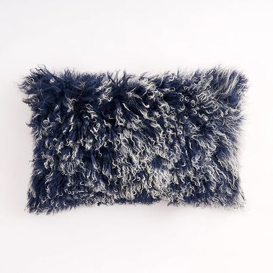 Genuine Mongolian Lamb Fur Pillow Cover – 12"x20" Rectangular Cushion Case – Soft Curly Wool Decorative Accent for Sofa, Bed, or Chair (Frosted Blue)