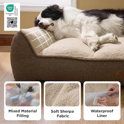 Bedsure SupportMax Orthopedic Dog Bed Medium Size Dog - Extra Thick Supportive Medium Dogs Beds with Waterproof Washable Cover, Comfort Pet Bed Sofa with Soft Sherpa and Nonskid Bottom, Brown, 35"