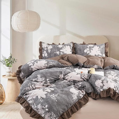 Oli Anderson 3 Piece Floral Comforter Set, Vintage Botanical Print Bedding Set, Farmhouse Lightweight Cottagecore Bed in a Bag with Ruffle Flowers Comforter (Brown, Queen)