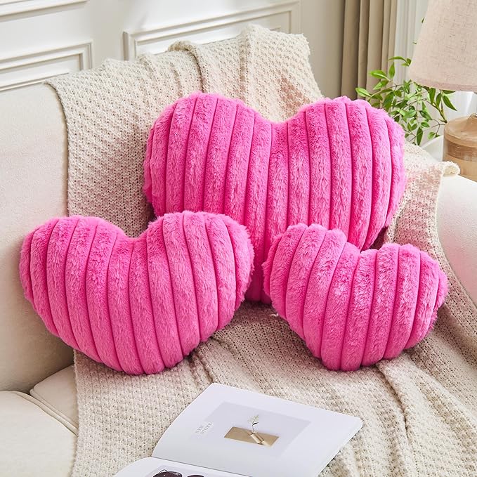 Heart Pillows Heart Decorative Pillow Soft Fluffy Heart Shaped Hot Pink Throw Pillows with Faux Rabbit Fur Aesthetic Room Decor Cute Pillow for Valentines Mother's Day