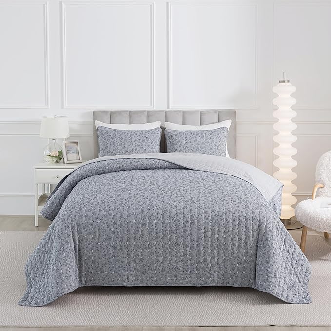 Soul & Lane Blue Whisper Cotton Quilt Set - King Size with 2 Shams, Geometric Quilted Comforter, Lightweight Modern Diamond Bedspread in Blue Tones, Diamond Stitched Bedding
