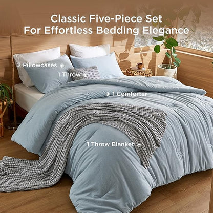 Bedsure 5 Pieces Cotton Comforter Set with Cotton Waffle Throw Blanket - Blue Queen Comforter, Pillow Shams, Grey Cooling Blanket of Rayon Derived from Bamboo for Hot Sleepers, Throw Pillow