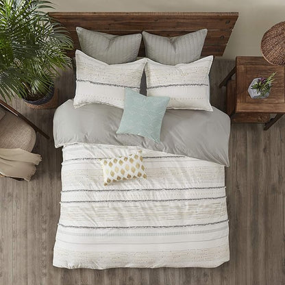 INK+IVY Luxurious Cotton-Bedding Set - Mid Century Trendy Geometric Design, All Season Cozy-Cover With Matching-Shams, Full/Queen, Nea Trims Grey/Multi