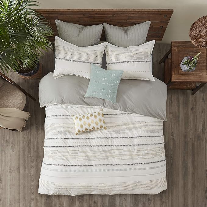 INK+IVY Nea 100% Cotton Duvet Set Mid Century Modern Design, All Season Comforter Cover Bedding Set, Matching Shams, King/Cal King, Stripes Teasel Ivory 3 Piece