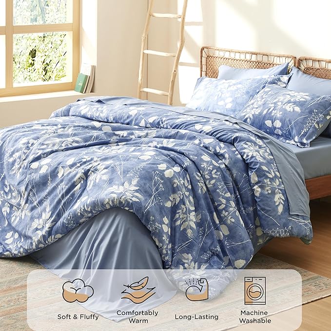 Bedsure King Size Comforter Set - 7 Pieces Floral Blue Soft Bedding Sets, King Bed in a Bag with Botanical Flowers Comforter, Sheets, Pillowcases & Shams