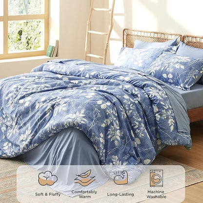 Bedsure King Size Comforter Set - 7 Pieces Floral Blue Soft Bedding Sets, King Bed in a Bag with Botanical Flowers Comforter, Sheets, Pillowcases & Shams