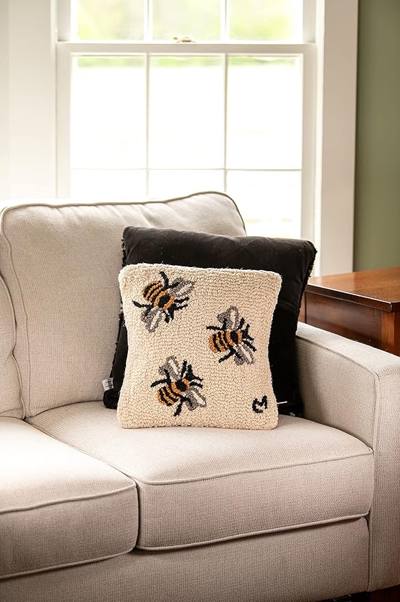 Chandler 4 Corners Artist-Designed Three Bees Hand-Hooked Wool Decorative Throw Pillow (14 in x 14 in) Farm & Garden Pillow for Couches & Beds - Low Maintenance Nature Garden Honey Bee Pillow