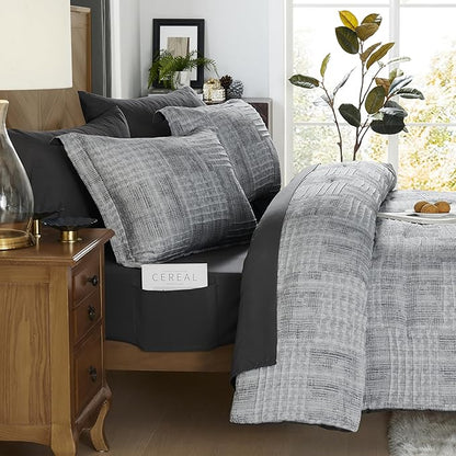 MaiRêve Charcoal Grey King Comforter Set, Textured Design Grey Crinkle Bed in A Bag King Size, 7 Pieces Bedding Set for Men Women with Comforter, Sheets, Pillowcases & Shams 102"x 90"