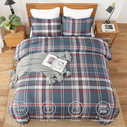 Andency Navy Red Plaid Comforter Set Queen(90x90Inch), 3 Pieces Grid Gingham Stripes Bedding Comforter Sets for Boys Girls Kids Teens, Preppy Geometric Line Soft Lightweight Reversible Bed Set as Gift