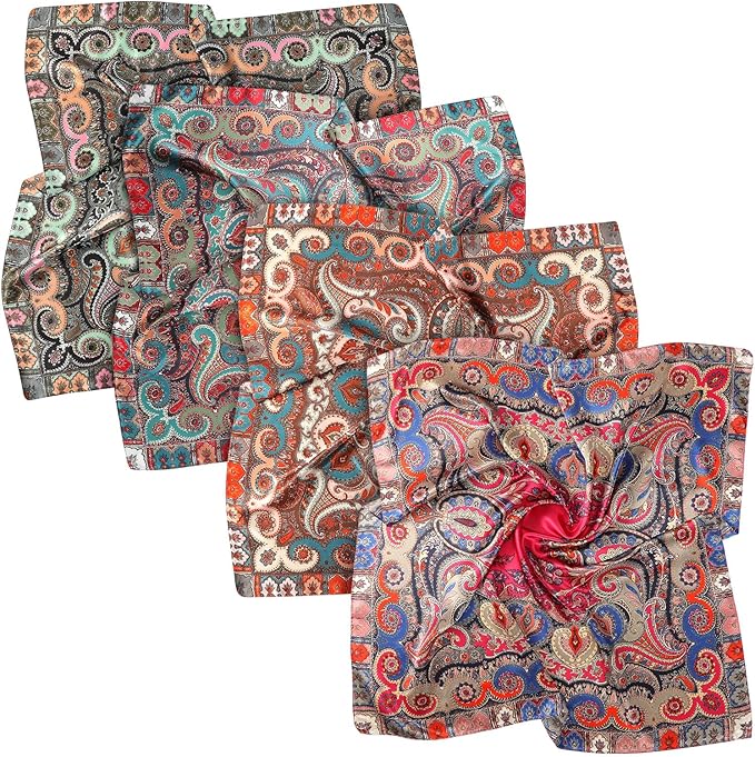 AWAYTR 35” Satin Large Square Head Scarves - 4PCS Silk Like Neck Scarf Hair Sleeping Wraps Satin Silk Scarfs for Women