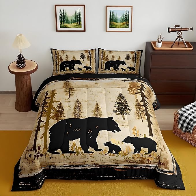 Feelyou Bear Bedding Set for Kids Toddler Full Size Black Bears Comforter Set Boys Girls Cabin Rustic Farmhouse Bedding Set Wildlife Duvet Set 3Pcs