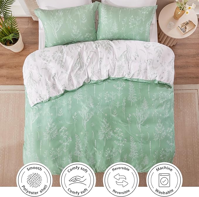Love's cabin Sage Green Comforter Set Full - Full Size Comforter Set, 3 Pieces Cute Floral Bedding Sets for All Seasons,1 Soft Reversible Botanical Flowers Comforter and 2 Pillow Shams