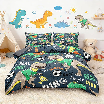 MWMWMW Dinosaur Bedding Sets Twin, 2-Piece Cartoon Dinosaur and Soccer Print Comforter Set for Boys Kids, Twin Size Soft Microfiber Bedding Sets for Boys Kids with 1 Pillowcase and 1 Comforter