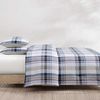 Tommy Hilfiger - Twin/Twin XL Comforter Set, Cotton Textured Bedding with Matching Sham, Medium Weight Bed Set, Oeko-TEX Certified (Waterbury Plaid Blue)
