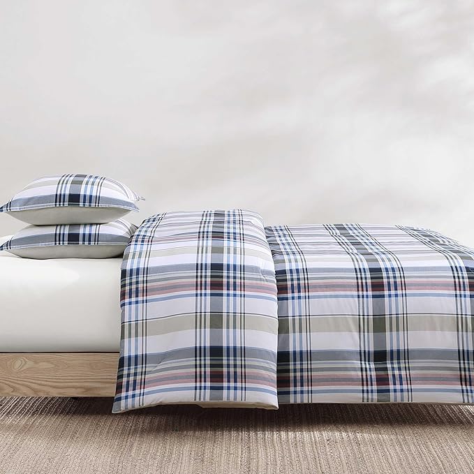 Tommy Hilfiger - Full/Queen Comforter Set, Cotton Textured Bedding with Matching Shams, Medium Weight Bed Set, Oeko-TEX Certified (Waterbury Plaid Blue)