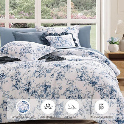 Oversized Queen Comforter Set -7 Pieces Floral Rain Washed Bedding Set for All Seasons, Bed in a Bag with Botanical Flowers Comforter, Sheets, Pillowcases & Shams