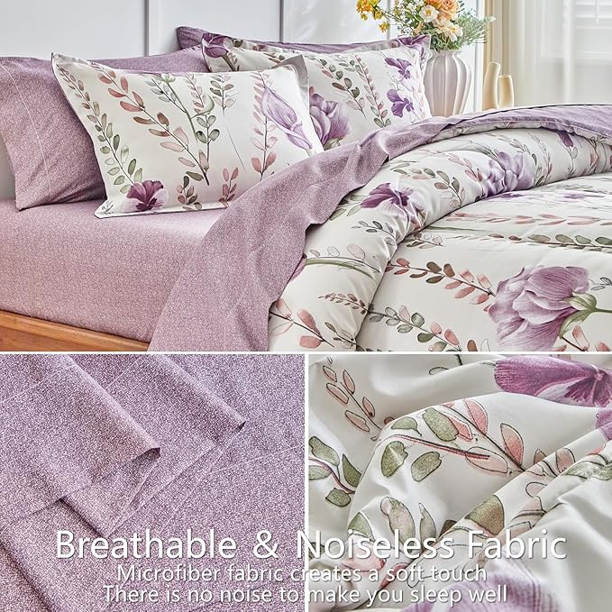 AIKASY Bed in a Bag 7-Piece King Comforter Set - Soft Microfiber Bedding with Elegant Floral, Lightweight and Breathable for All-Season (Regal Purple)