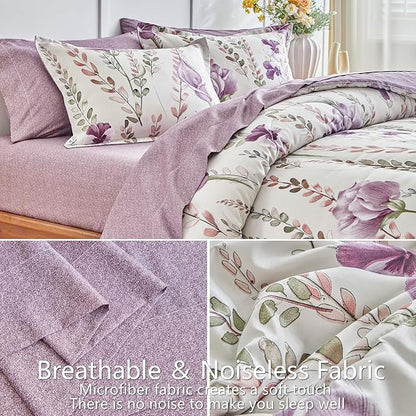AIKASY Bed in a Bag 6-Piece Twin Comforter Set - Soft Microfiber Bedding with Elegant Floral, Lightweight and Breathable for All-Season (Regal Purple)