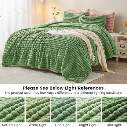 Simple&Opulence Fluffy Faux Fur Comforter Set, Plush Fuzzy Minky Bedding Set, 3 Pieces Warm Soft Comforter Bedding Set for Winter - 1 Shaggy Comforter with 2 Pillow Shams(Queen, Striped - Green)