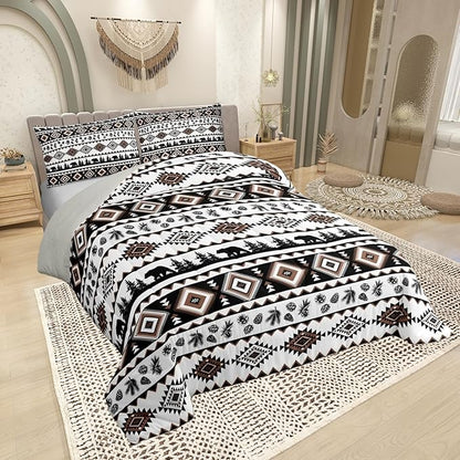 Western Aztec Print Bed Comforter Set Queen Size,Geometric Brown Striped Super Soft Microfiber Bedding Set for Adults Teens,Bear Plant Exotic Boho Abstract Art Comforter Set,2 Pillowcases