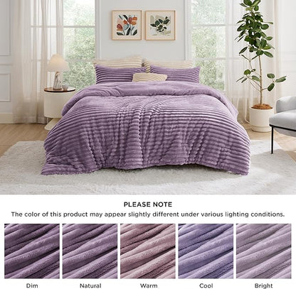 Bedsure King Size Comforter Set - GentleSoft™ 3 Pieces Fluffy Double-Side Fleece Comforter Set, Cozy Striped Room Decor Aesthetic, Luxury Light Purple King Bedding with 2 Pillowcases, 104x90 Inches