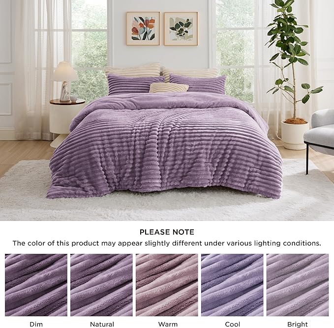 Bedsure Queen Comforter Set - GentleSoft™ 3 Pieces Fluffy Double-Side Fleece Comforter Set, Cozy Striped Room Decor Aesthetic, Luxury Light Purple Bedding Queen Size with 2 Pillowcases, 90x90 Inches