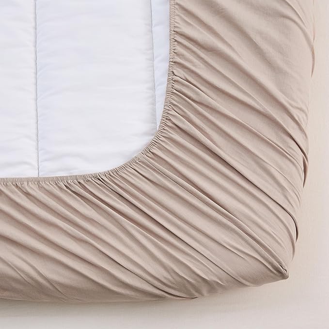 Simple&Opulence Belgian Linen Sheet Set Solid Color - 3 Pieces (1 Flat Sheet & 1 Fitted Sheet & 1 Pillowcase) Natural Flax Cotton Blend Soft Bedding Breathable Farmhouse - Khaki, Twin Size