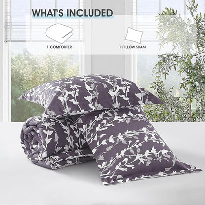 Grayish Purple Comforter Set, Twin Size, Vivid Leaves Branch 2 Pieces Bedding Set, Soft Polyester Microfiber Print, All Seasons, 1 Lightweight Comforter and 1 Pillow Sham