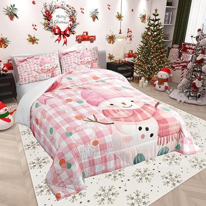 Castle Fairy Pink White Geometric Grid Dots Bed Comforter Set Queen Size,Pink Bow Girly Style Super Soft Microfiber Bedding Set for Adults Teens,Cute Cartoon Snowman Comforter Set,2 Pillowcases