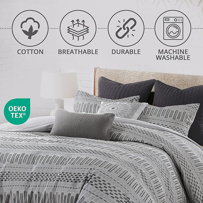 INK+IVY Luxurious Cotton-Bedding Set - Mid Century Trendy Geometric Design, All Season Cozy-Cover With Matching-Shams, Full/Queen, Rhea Jacquard Grey/Black