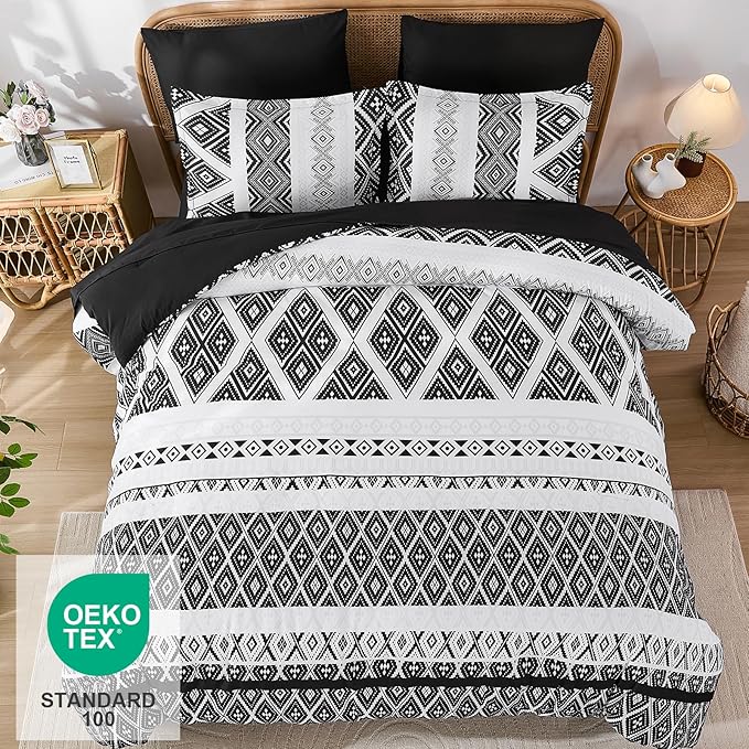 Luxudecor Black Comforter Set King Size 7 Pieces,Boho Aztec Comforter with Sheet Set,Geometric Striped Pattern Bed in a Bag,Soft Microfiber Bed Set 104"x90"