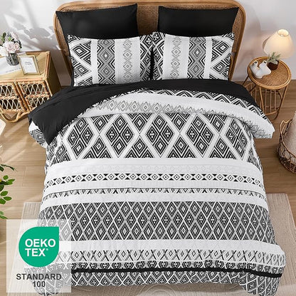 Luxudecor Black Comforter Set King Size 7 Pieces,Boho Aztec Comforter with Sheet Set,Geometric Striped Pattern Bed in a Bag,Soft Microfiber Bed Set 104"x90"