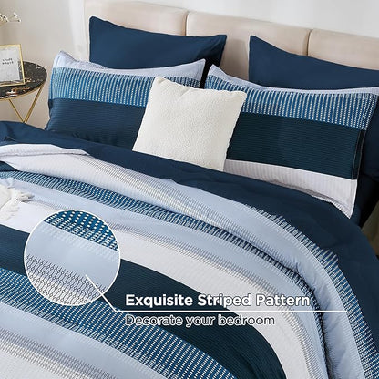 Andency Full Size Comforter Set Navy - 7 Pieces Striped Lightweight Bed in a Bag, Soft Microfiber Reversible Bedding Set with Comforter, Fitted & Flat Sheet, Pillowcases & Shams