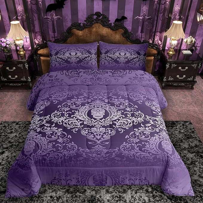 Feelyou Adults Purple Vintage Damask Floral Comforter Set Oriental Antique Comforter King Size Gothic Bohemia Boho Bedding Set Exotic Sugar Skull Duvet Set Quilt Set 3Pcs